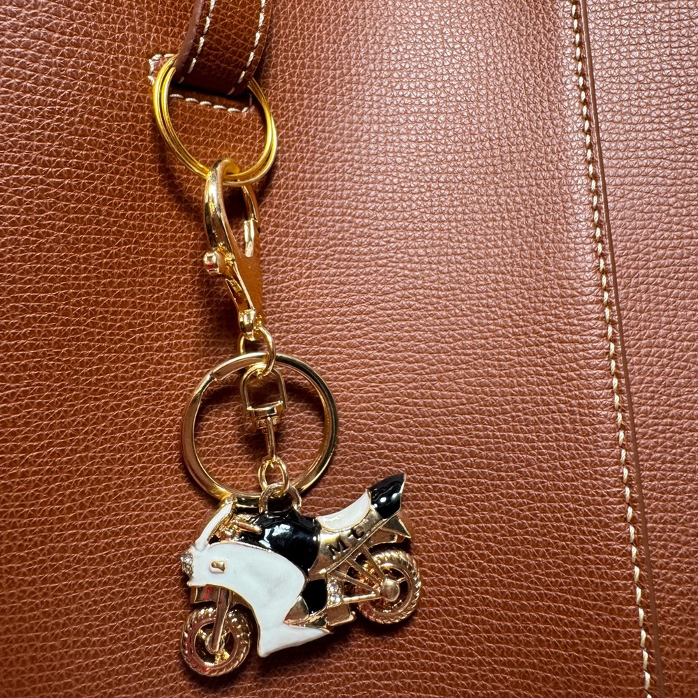 Motorcycle Black, White & Gold Metal Bag Charm Key Chain Biker Gift